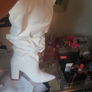 White slouched  block heel mid calf boots